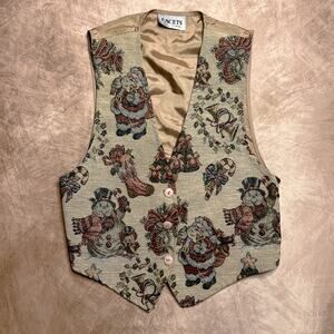 Vintage 90s Facets Holiday Christmas Tapestry Vest Multicolor Santa Snowman